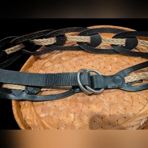Black Braided Leather & Rope Double Ring Women's Belt Size Xl